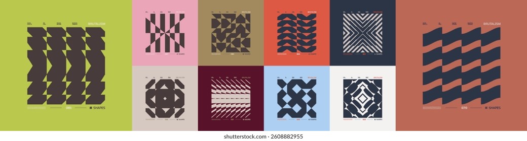 Kit of Postmodern geometric compositions with abstract shapes in brutalism aesthetics, mosaic of brutal figures, trendy color retro futuristic elements, vector modernist ornament, cards art 7