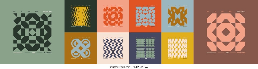 Kit of Postmodern geometric compositions with abstract shapes in brutalism aesthetics, mosaic of brutal figures, trendy color retro futuristic elements, vector modernist ornament, cards art 10