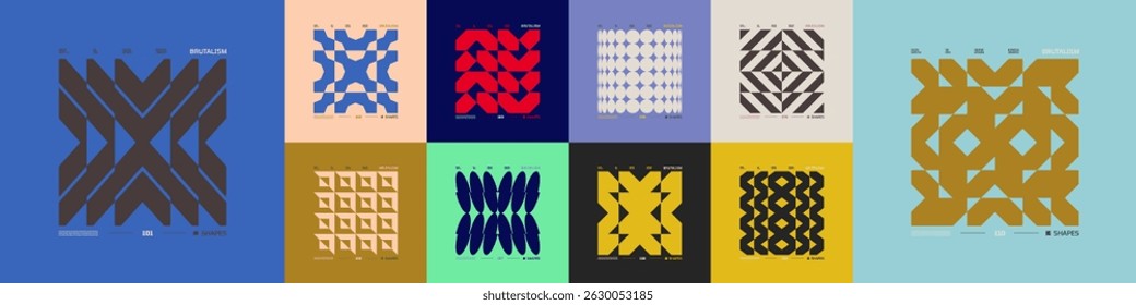 Kit of Postmodern geometric compositions with abstract shapes in brutalism aesthetics, mosaic of brutal figures, trendy color retro futuristic elements, vector modernist ornament, cards art 11