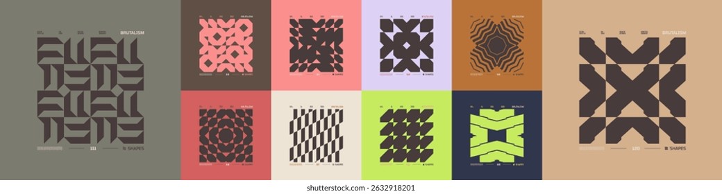 Kit de composiciones geométricas posmodernas con Formas abstractas en estética brutalista, mosaico de figuras brutales, Elementos futuristas retro de color de moda, adorno modernista de Vector, arte de tarjetas 12