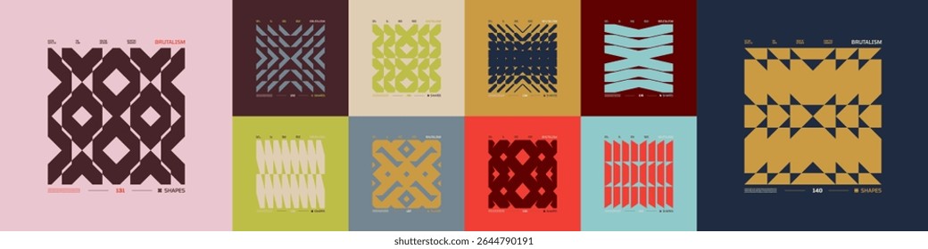 Kit of Postmodern geometric compositions with abstract shapes in brutalism aesthetics, mosaic of brutal figures, trendy color retro futuristic elements, vector modernist ornament, cards art 14