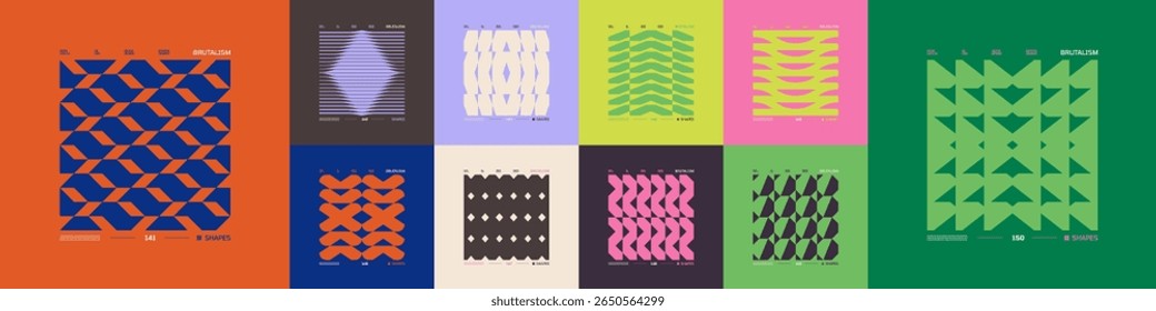 Kit of Postmodern geometric compositions with abstract shapes in brutalism aesthetics, mosaic of brutal figures, trendy color retro futuristic elements, vector modernist ornament, cards art 15