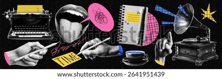 Kit of punk scrapbook crumpled elements theme of writer. Creative copywriter work collection. Set of vector isolated illustrations. Zine popart cartoon arts with doodle scribble