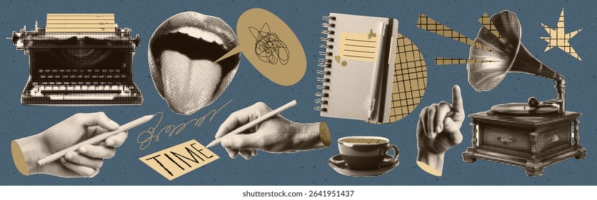 Kit of retro vintage scrapbook crumpled elements theme of writer. Creative copywriter work collection. Set of vector isolated illustrations. Zine popart cartoon arts.