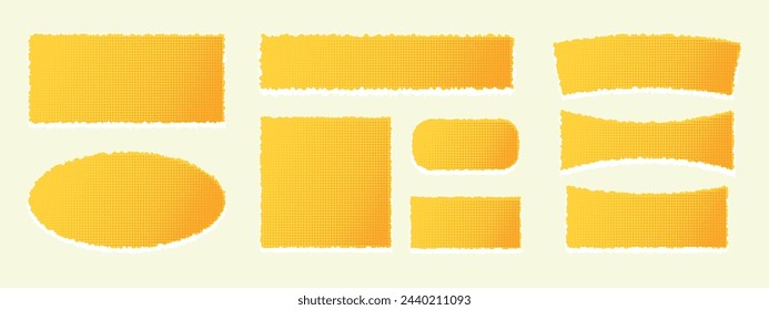 A kit of riped paper tapes. Torned craft notebook shapes. Cut, tear, orange color photo frame. Pop art style. Vintage halftone elements. Vector illustration isolated on yellow background.