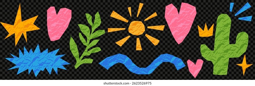 Kit of scrapbook crumpled elements. Set of vector isolated illustrations. Zine popart cartoon cactus and heart and crown . Isolated at the transparent bg as a png. 