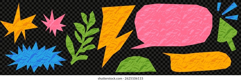 Kit of scrapbook crumpled elements. Set of vector isolated illustrations. Zine popart cartoon speech bubbles . Isolated at the transparent bg as a png. 