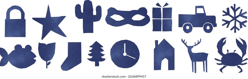 Kit of scrapbook crumpled elements. Set of vector isolated illustrations. Zine popart cartoon arts with dotted blue paper or jeans fabric. Christmas theme