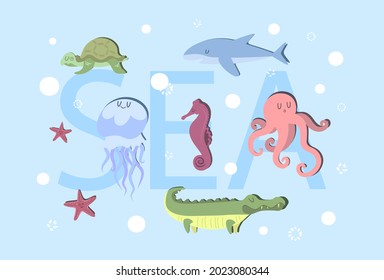 Kit. Sea creatures. Shark, star of Mars, seahorse, octopus, crocodile, jellyfish, turtle. Postcard. Vector stock illustration. Children's illustration. Flat style. Set 