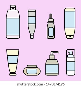 Сosmetic kit set accessories. Bottles, soap, shampoo, cream, paste, lotion, tonic, conditioner, oil, mask, rinse aid, gel, perfume