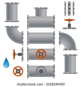 Kit set of pipelines. Isolated metallic elements of the pipeline. Vector illustration in flat style.