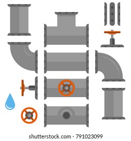 Kit set of pipelines. Isolated metallic elements of the pipeline. Vector illustration in flat style.