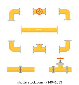 Kit set of pipelines. Isolated yellow elements of the pipeline. Gas and oil industry. Vector illustration in flat style.