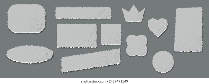 Kit silhouettes of a torn piece of gray paper. Rectangle, square, heart, crown, circle blank space for text. Lacerated sheet element, isolated shred fragment. Scrapbook blank header.