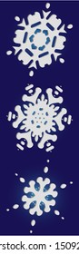 Kit of simple, beautiful snowflakes on blue background.  Vector illustration patterns. Magic concept accurate forms and colors. White luxury isolated 3d silhouettes of frosty christmas symbols.