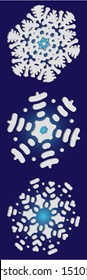 Kit of simple, beautiful snowflakes on blue background.  Vector illustration overlays. Geometric concept accurate forms and colors. White luxury isolated 3d silhouettes of frosty christmas symbols.