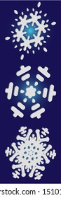 Kit of simple, beautiful snowflakes on blue background.  Vector illustration decorations. Creative concept accurate forms and colors. White luxury isolated 3d silhouettes of frosty christmas symbols.