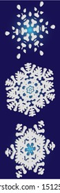 Kit of simple, beautiful snowflakes on blue background.  Cool concept accurate forms and colors. Vector illustration templates. White luxury isolated 3d silhouettes of frosty christmas symbols.