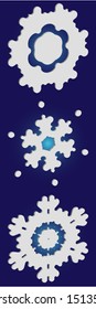 Kit of simple, beautiful snowflakes on blue background.  Vector illustration posters. Magic concept accurate forms and colors. White luxury isolated 3d silhouettes of frosty christmas symbols.