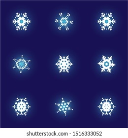 Kit of simple, beautiful snowflakes on blue background. Vector illustration - shapes. Geometric concept expressive forms and colors. White luxury isolated silhouettes of frosty christmas symbols.
