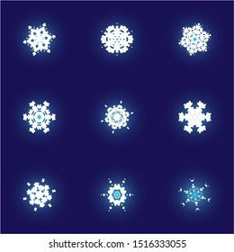 Kit of simple, beautiful snowflakes on blue background. Vector illustration - art. Colorful concept expressive forms and colors. White luxury isolated silhouettes of frosty christmas symbols.