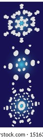 Kit of simple, beautiful snowflakes on blue background.  Vector illustration textures. Cool concept accurate forms and colors. White luxury isolated 3d silhouettes of frosty christmas symbols.