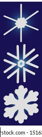 Kit of simple, beautiful snowflakes on blue background.  Original concept accurate forms and colors. Vector illustration frames. White luxury isolated 3d silhouettes of frosty christmas symbols.
