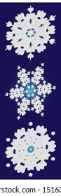Kit of simple, beautiful snowflakes on blue background.  Minimal concept accurate forms and colors. Vector illustration overlays. White luxury isolated 3d silhouettes of frosty christmas symbols.