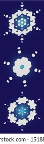 Kit of simple, beautiful snowflakes on blue background.  Abstract concept accurate forms and colors. Vector illustration graphics. White luxury isolated 3d silhouettes of frosty christmas symbols.