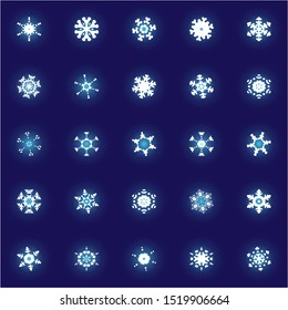 Kit of simple, beautiful snowflakes on blue background. Vector illustration - icons. Minimal concept expressive forms and colors. White luxury isolated silhouettes of frosty christmas symbols.