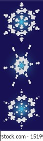 Kit of simple, beautiful snowflakes on blue background.  Colorful concept accurate forms and colors. Vector illustration patterns. White luxury isolated 3d silhouettes of frosty christmas symbols.