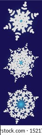 Kit of simple, beautiful snowflakes on blue background.  Abstract concept accurate forms and colors. Vector illustration templates. White luxury isolated 3d silhouettes of frosty christmas symbols.