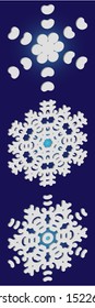 Kit of simple, beautiful snowflakes on blue background.  Geometric concept accurate forms and colors. Vector illustration posters. White luxury isolated 3d silhouettes of frosty christmas symbols.