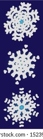 Kit of simple, beautiful snowflakes on blue background.  Vector illustration postcards. Cool concept accurate forms and colors. White luxury isolated 3d silhouettes of frosty christmas symbols.