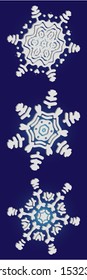 Kit of simple, beautiful snowflakes on blue background.  Vector illustration posters. Creative concept accurate forms and colors. White luxury isolated 3d silhouettes of frosty christmas symbols.