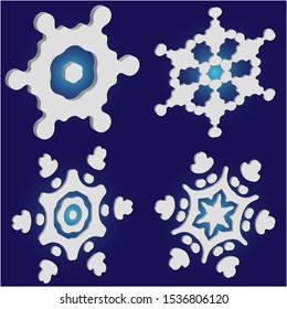 Kit of simple, beautiful snowflakes on blue background.  Vector illustration art. Abstract concept accurate forms and colors. White luxury isolated 3d silhouettes of frosty christmas symbols.