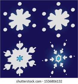 Kit of simple, beautiful snowflakes on blue background.  Vector illustration posters. Effective concept accurate forms and colors. White luxury isolated 3d silhouettes of frosty christmas symbols.