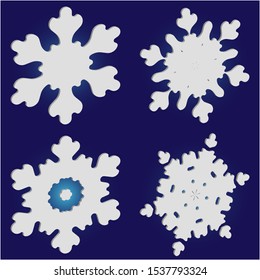Kit of simple, beautiful snowflakes on blue background.  Creative concept accurate forms and colors. Vector illustration shapes. White luxury isolated 3d silhouettes of frosty christmas symbols.