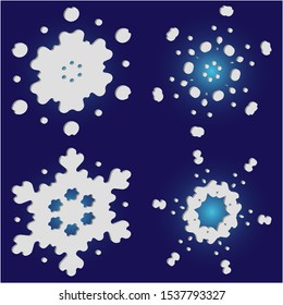 Kit of simple, beautiful snowflakes on blue background.  Vector illustration shapes. Colorful concept accurate forms and colors. White luxury isolated 3d silhouettes of frosty christmas symbols.