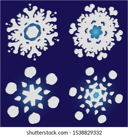 Kit of simple, beautiful snowflakes on blue background.  Abstract concept accurate forms and colors. Vector illustration patterns. White luxury isolated 3d silhouettes of frosty christmas symbols.