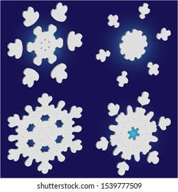Kit of simple, beautiful snowflakes on blue background.  Effective concept accurate forms and colors. Vector illustration posters. White luxury isolated 3d silhouettes of frosty christmas symbols.