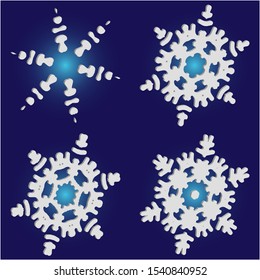 Kit of simple, beautiful snowflakes on blue background.  Vector illustration shapes. Geometric concept accurate forms and colors. White luxury isolated 3d silhouettes of frosty christmas symbols.