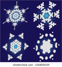 Kit of simple, beautiful snowflakes on blue background.  Vector illustration shapes. Colorful concept accurate forms and colors. White luxury isolated 3d silhouettes of frosty christmas symbols.