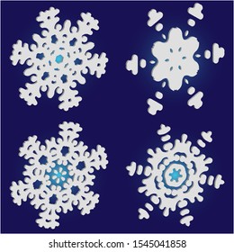 Kit of simple, beautiful snowflakes on blue background.  Original concept accurate forms and colors. Vector illustration textures. White luxury isolated 3d silhouettes of frosty christmas symbols.
