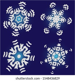 Kit of simple, beautiful snowflakes on blue background.  Abstract concept accurate forms and colors. Vector illustration overlays. White luxury isolated 3d silhouettes of frosty christmas symbols.