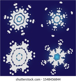 Kit of simple, beautiful snowflakes on blue background.  Vector illustration templates. Geometric concept accurate forms and colors. White luxury isolated 3d silhouettes of frosty christmas symbols.