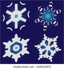 Kit of simple, beautiful snowflakes on blue background.  Vector illustration shapes. Creative concept accurate forms and colors. White luxury isolated 3d silhouettes of frosty christmas symbols.
