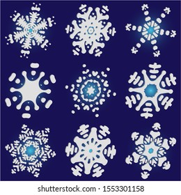 Kit of simple, beautiful snowflakes on blue background.  Vector illustration postcards. Colorful concept accurate forms and colors. White luxury isolated 3d silhouettes of frosty christmas symbols.