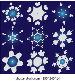 Kit of simple, beautiful snowflakes on blue background.  Cool concept accurate forms and colors. Vector illustration posters. White luxury isolated 3d silhouettes of frosty christmas symbols.