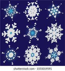 Kit of simple, beautiful snowflakes on blue background.  Clean concept accurate forms and colors. Vector illustration art. White luxury isolated 3d silhouettes of frosty christmas symbols.